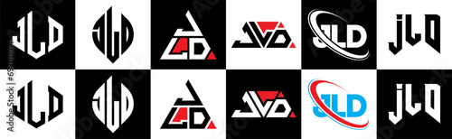 JLD letter logo design in six style. JLD polygon, circle, triangle, hexagon, flat and simple style with black and white color variation letter logo set in one artboard. JLD minimalist and classic logo photo