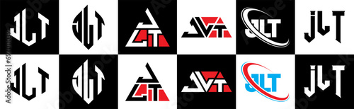 JLT letter logo design in six style. JLT polygon, circle, triangle, hexagon, flat and simple style with black and white color variation letter logo set in one artboard. JLT minimalist and classic logo photo