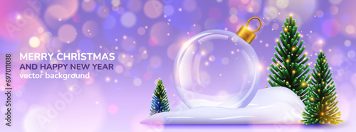 Snow ball. Tree and glass transparent globe with snowflakes, 3d render winter elements, Xmas light ornament, 2024 card, happy new year, holiday winter horizontal banner. Vector Christmas background