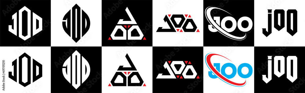 JOO letter logo design in six style. JOO polygon, circle, triangle, hexagon, flat and simple style with black and white color variation letter logo set in one artboard. JOO minimalist and classic logo