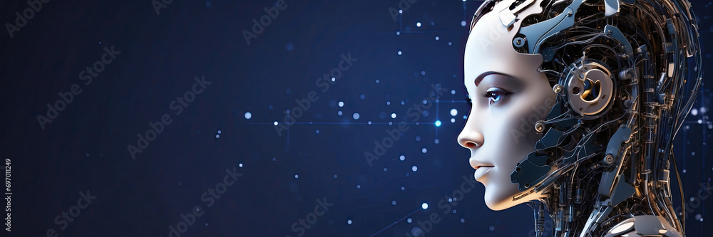 Modern female robot in an artificial intelligence image with wires and circuits on a digital background. Banner with copy space Modern female robot in an artificial intelligence image with wires and circuits on a digital background. Banner with copy space