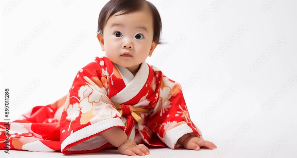 portrait of Japanese baby girl model wearing cute kimono, 8 month old baby, studio photo, isolated white background, for advertising and web design portrait of Japanese baby girl model wearing cute kimono, 8 month old baby, studio photo, isolated white background, for advertising and web design