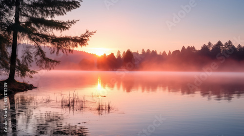 Lago com sol nascendo ao fundo. Uma metáfora sobre a vida. photo