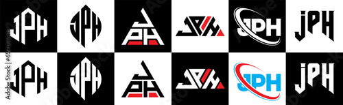 JPH letter logo design in six style. JPH polygon, circle, triangle, hexagon, flat and simple style with black and white color variation letter logo set in one artboard. JPH minimalist and classic logo