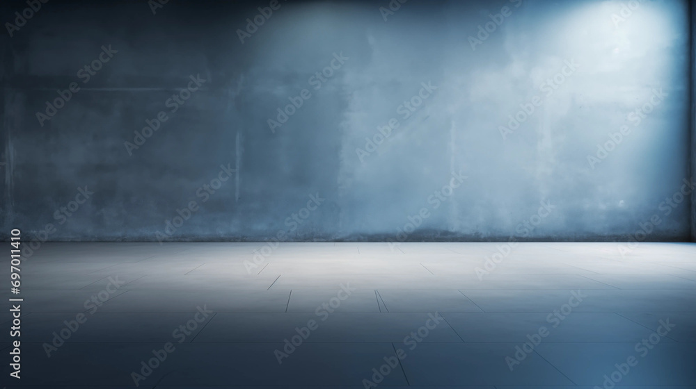 Beautiful original background image of an empty space in blue tones with a play of light and shadow on the wall and floor for design or creative work. Beautiful original background image of an empty space in blue tones with a play of light and shadow on the wall and floor for design or creative work.