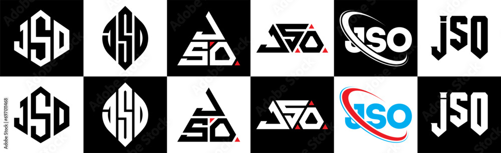 JSO letter logo design in six style. JSO polygon, circle, triangle, hexagon, flat and simple style with black and white color variation letter logo set in one artboard. JSO minimalist and classic logo JSO letter logo design in six style. JSO polygon, circle, triangle, hexagon, flat and simple style with black and white color variation letter logo set in one artboard. JSO minimalist and classic logo