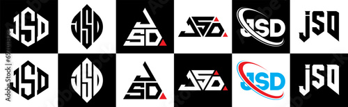 JSD letter logo design in six style. JSD polygon, circle, triangle, hexagon, flat and simple style with black and white color variation letter logo set in one artboard. JSD minimalist and classic logo