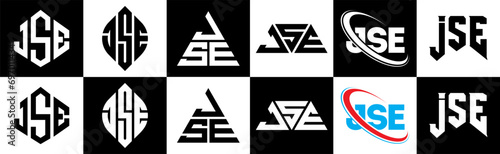 JSE letter logo design in six style. JSE polygon, circle, triangle, hexagon, flat and simple style with black and white color variation letter logo set in one artboard. JSE minimalist and classic logo