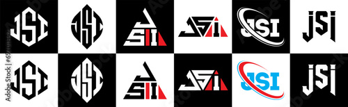 JSI letter logo design in six style. JSI polygon, circle, triangle, hexagon, flat and simple style with black and white color variation letter logo set in one artboard. JSI minimalist and classic logo