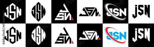 JSN letter logo design in six style. JSN polygon, circle, triangle, hexagon, flat and simple style with black and white color variation letter logo set in one artboard. JSN minimalist and classic logo