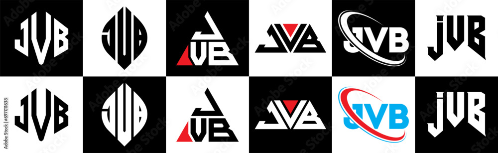 JVB letter logo design in six style. JVB polygon, circle, triangle, hexagon, flat and simple style with black and white color variation letter logo set in one artboard. JVB minimalist and classic logo JVB letter logo design in six style. JVB polygon, circle, triangle, hexagon, flat and simple style with black and white color variation letter logo set in one artboard. JVB minimalist and classic logo