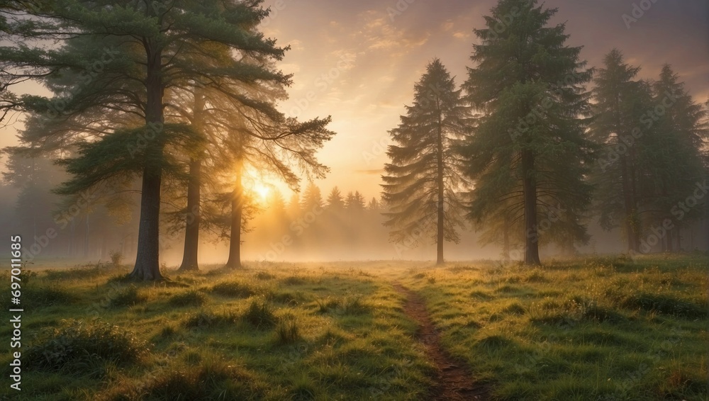  Sunrise in a misty forest creates a stunning display of rays through the trees, highlighting the lush green floor and the tranquil beauty of the early morning.