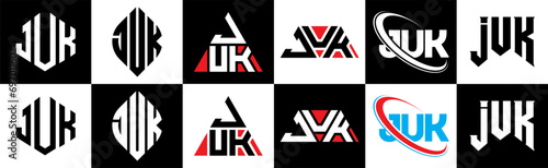 JUK letter logo design in six style. JUK polygon, circle, triangle, hexagon, flat and simple style with black and white color variation letter logo set in one artboard. JUK minimalist and classic logo