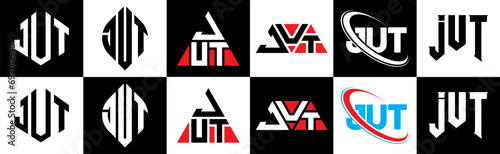 JUT letter logo design in six style. JUT polygon, circle, triangle, hexagon, flat and simple style with black and white color variation letter logo set in one artboard. JUT minimalist and classic logo