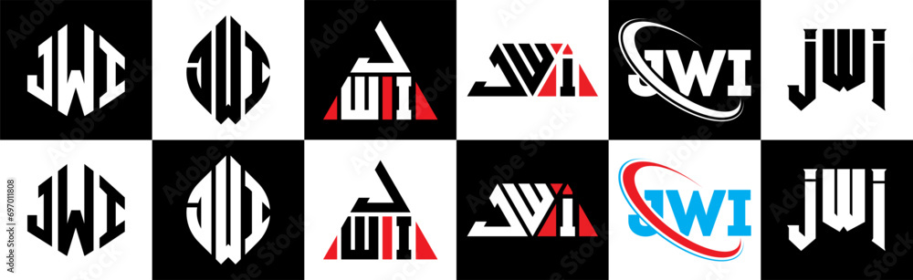 JWI letter logo design in six style. JWI polygon, circle, triangle, hexagon, flat and simple style with black and white color variation letter logo set in one artboard. JWI minimalist and classic logo
