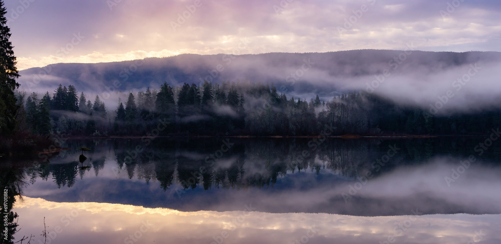 Fog Covered Fairy Lake in Canadian Nature Landscape Background.