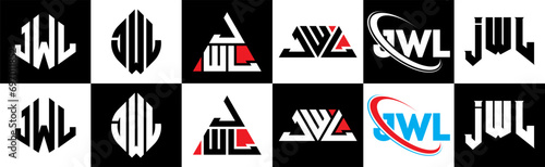 JWL letter logo design in six style. JWL polygon, circle, triangle, hexagon, flat and simple style with black and white color variation letter logo set in one artboard. JWL minimalist and classic logo