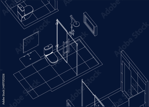 isometric bathroom and toilet design line drawing 3d illustration vector
