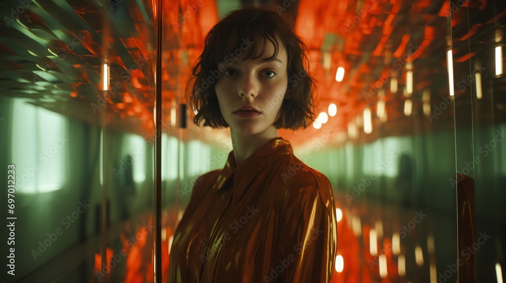 A distorted reflection of a woman in a funhouse mirror, illustrating the warped self-image associated with mental health disorders