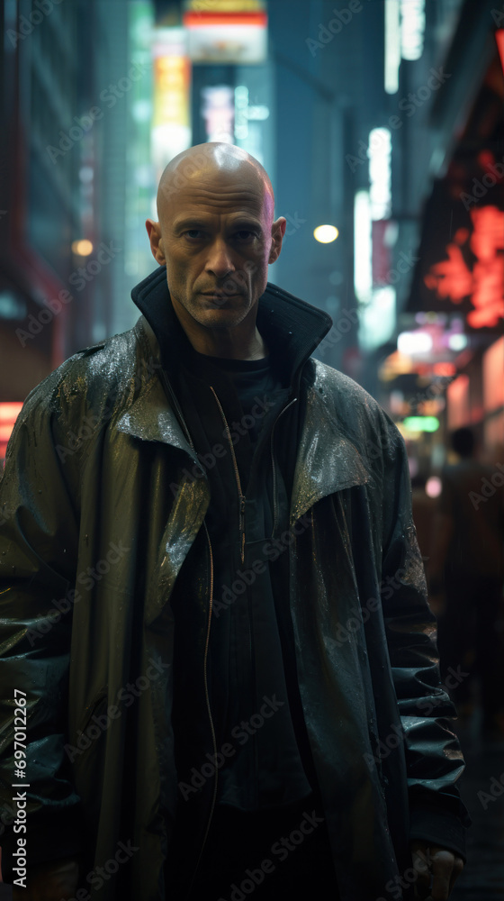 Portrait of a bald man in the street at night in Hong Kong