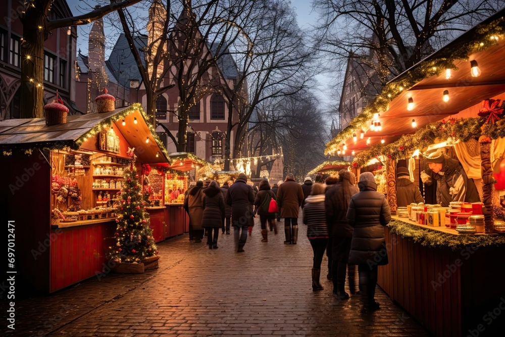 People walk at the Christmas market among fairy lights decorated with garlands on European streets. New Year, outdoor shopping malls.