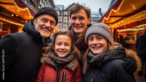 A happy family at a Christmas market, a portrait of people walking in festive fairy lights. New Year, outdoor shopping malls