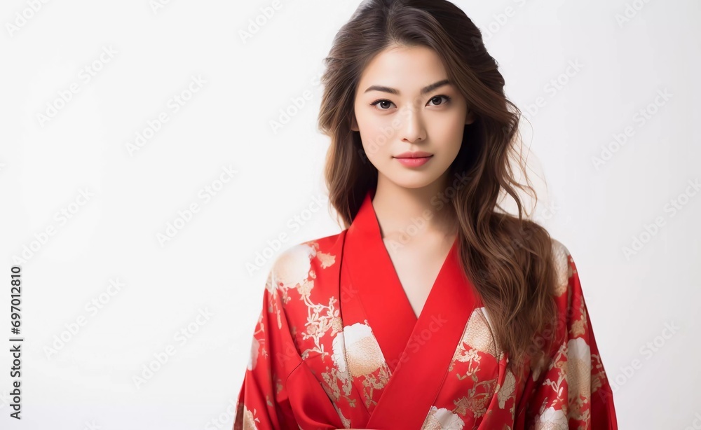 portrait of young japanese female model wearing kimono posing gracefully, studio photo, isolated white background portrait of young japanese female model wearing kimono posing gracefully, studio photo, isolated white background
