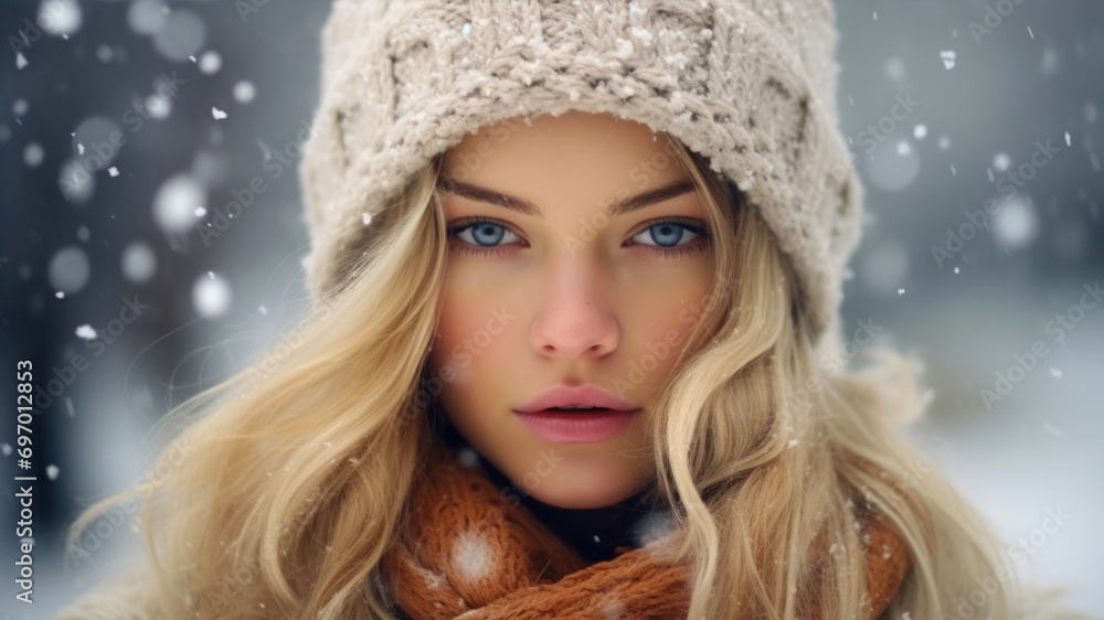 Winter portrait of beautiful young woman in hat and scarf over snow background. Winter portrait of beautiful young woman in hat and scarf over snow background.