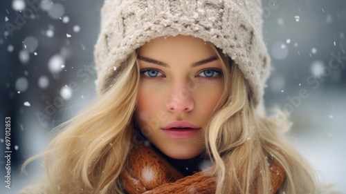 Winter portrait of beautiful young woman in hat and scarf over snow background.