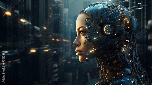 Modern female robot in an artificial intelligence image with wires and circuits on a digital background. photo