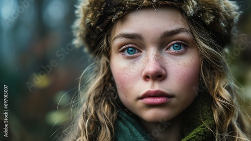 A detailed environmental color portrait photograph of Scandinavian woman, cinematic, dramatic lighting, high contrast, photorealistic, Dark and moody photo