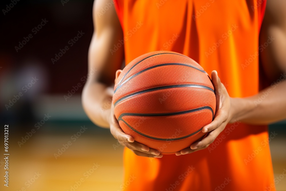 Naklejka premium A basketball player holding a ball,close up