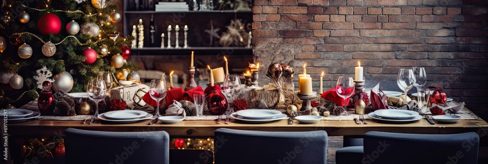 Festive Christmas table setting in a loft-style interior with a large window and a Christmas tree. New Year's Eve dinner, banquet for guests. Banner