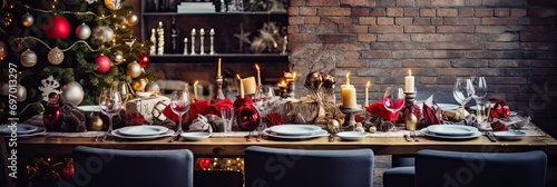 Festive Christmas table setting in a loft-style interior with a large window and a Christmas tree. New Year's Eve dinner, banquet for guests. Banner