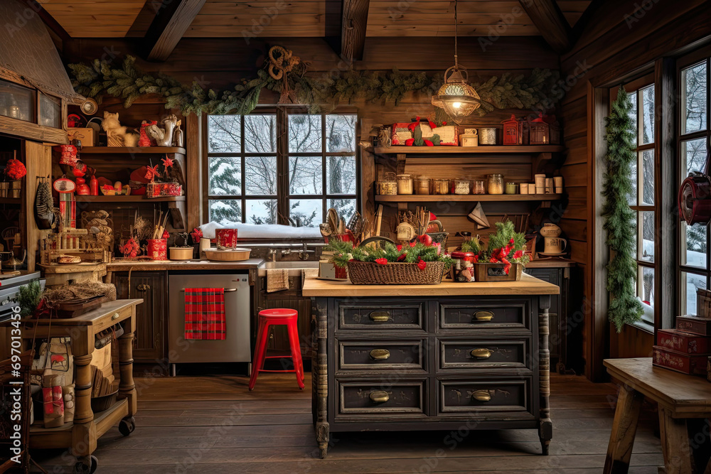 Cozy village kitchen with Christmas decor, new Year's mood, preparing for the holiday, utensils. Merry Christmas and Happy New Year greeting card, home warmth.