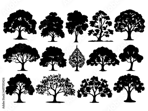 Artistic black silhouettes of decorative tree shapes on a white background