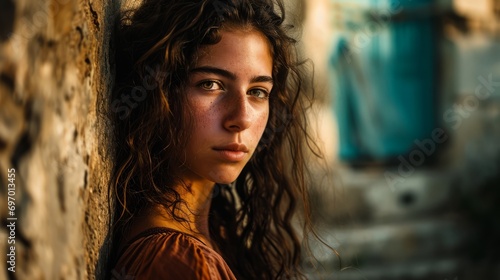 A detailed environmental color portrait photograph of Israel woman, cinematic, dramatic lighting, high contrast, photorealistic, Dark and moody