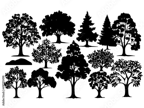 High contrast aesthetics  silhouettes of decorative tree shapes against a white background