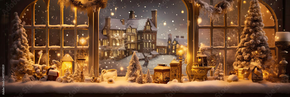 Indoor Cozy window with Christmas decor and warm light - inside view in winter and snow. celebrate Christmas and New Year, Christmas tree, bokeh, snow. Indoor Cozy window with Christmas decor and warm light - inside view in winter and snow. celebrate Christmas and New Year, Christmas tree, bokeh, snow.