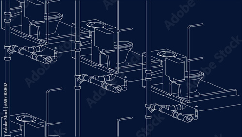 isometric bathroom and toilet design line drawing 3d illustration vector