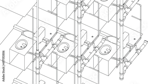 isometric bathroom and toilet design line drawing 3d illustration vector