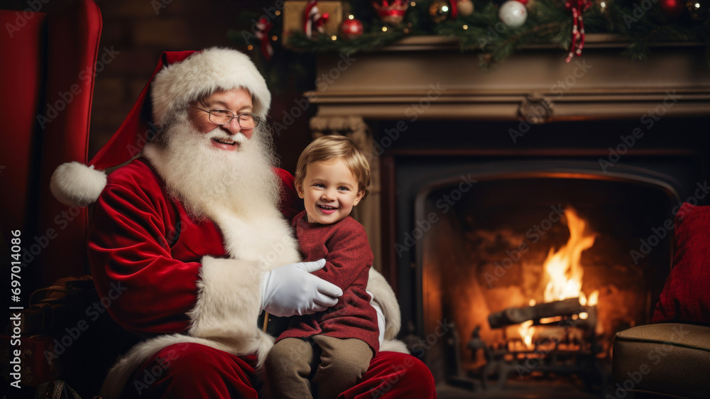 Santa Claus and little girl sitting by fireplace at home. Christmas and New Year concept.