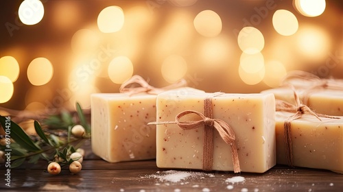 Natural handmade soap in eco-style on Christmas background with bokeh, handmade with spicy ingredients with space for text. Packed for a New Year and Christmas gift. Hobby soap making, home made. 