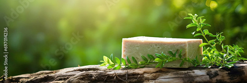 Natural handmade soap on an eco-style forest background, handmade with herbal ingredients with space for text. Hobby soap making, home made.