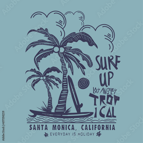 surf up to Los Angeles, palm tree beach, summer print design, tropical placement print, hand drawn palm tree, surfboard print design