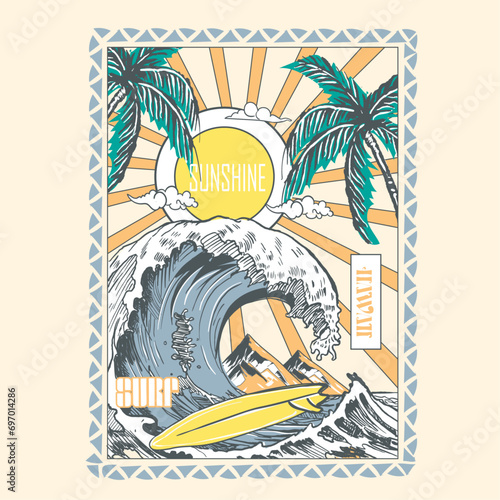 Sunshine beach With Big Wave, palm tree under the sun, summer beach print, traditional summer print print, surfboard with beach print -vector