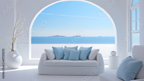 Modern bright interiors 3D rendering illustration with sea view from the window
