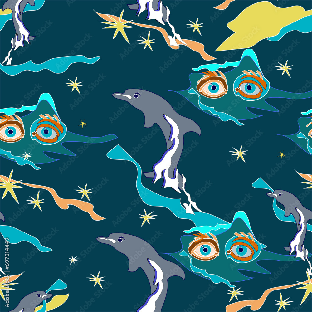 seamless background - surprised eyes, a dolphin surfaced nearby. seamless background - surprised eyes, a dolphin surfaced nearby.