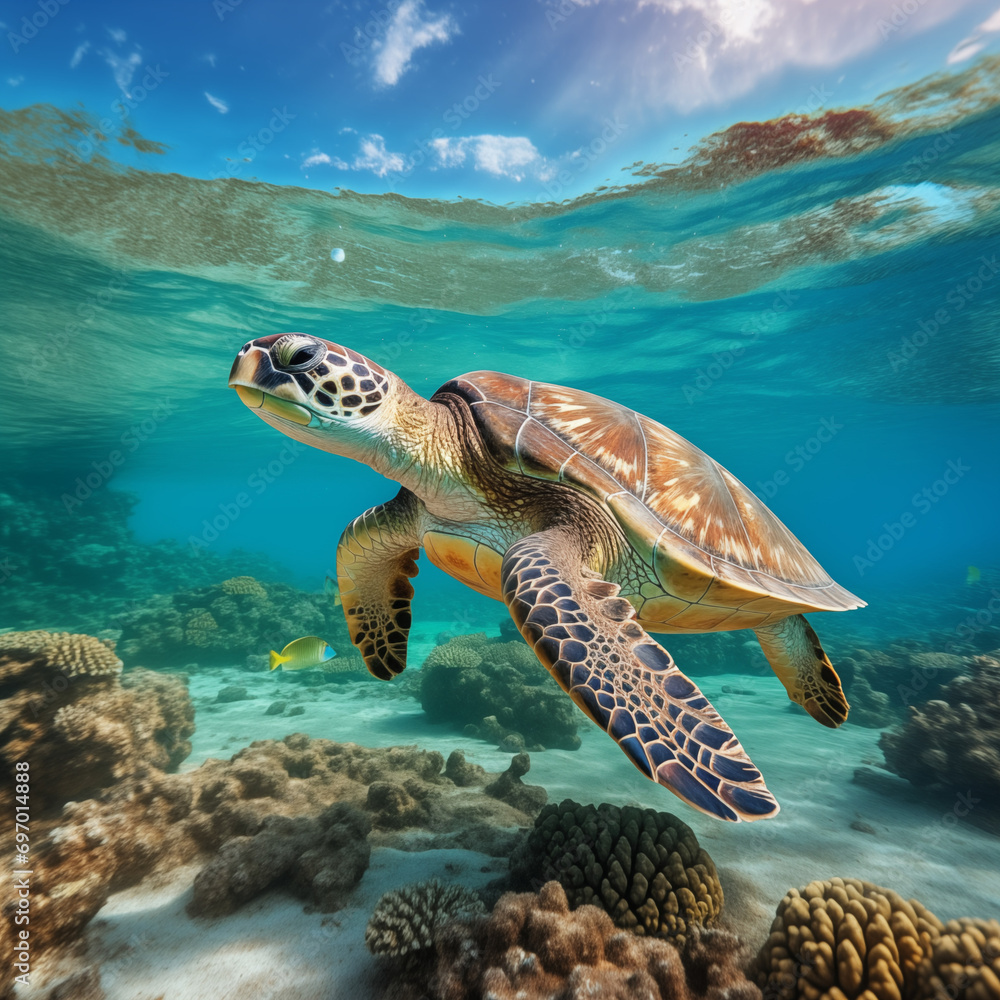 Green Sea Turtle swimming underwater in the ocean Green Sea Turtle swimming underwater in the ocean