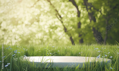 Fototapeta Naklejka Na Ścianę i Meble -  White stone podium on green meadow with grass and flowers ready for product placement, freshness and natural product concepts